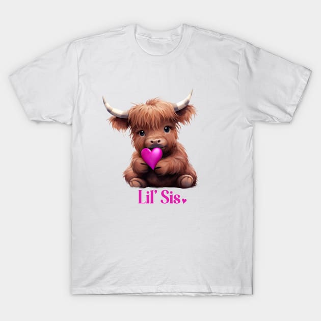 Lil Sis Little Sister Cute Baby Highland Cow T-Shirt by k8creates
